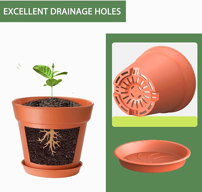 12 Pack 4 inch Plastic Planters, Seedlings Plant Nursery Pots with Drainage Holes and Saucers for Plants Flowers Succulent and All House Plants, Terracotta
