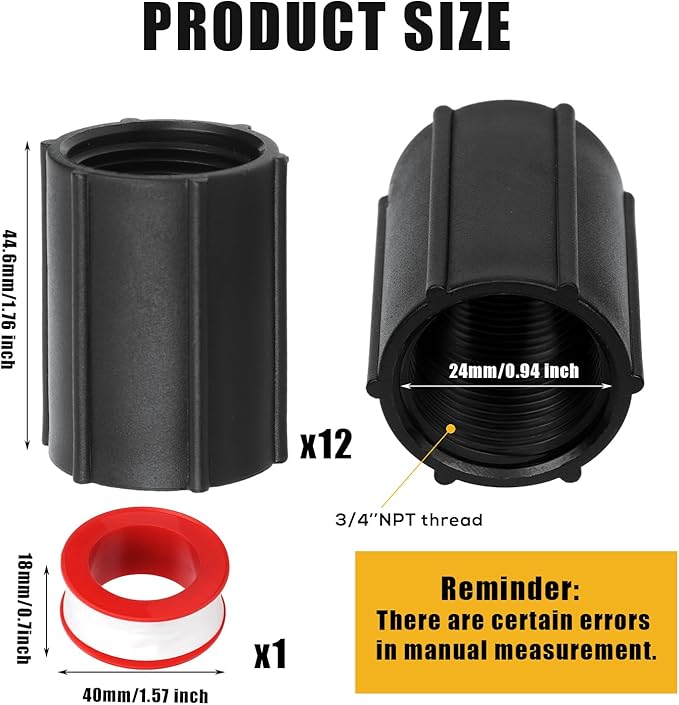 12pcs 3/4 Inch Double Female Hose Connector, Female Threaded PVC Coupling with Sealing Tape Sprinkler Pipe Adapter Fitting for Garden Drip Irrigation Systems Work