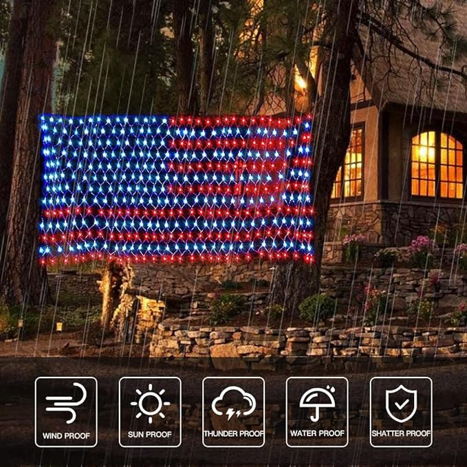 Solar American Flag Lights, Independence Day Decorations 2-in-1 Solar Powered & Plug in US Flag Lights 420 LED 8 Modes Waterproof Flag Lights for July 4th Independence Day, Garden, Yard Decorations