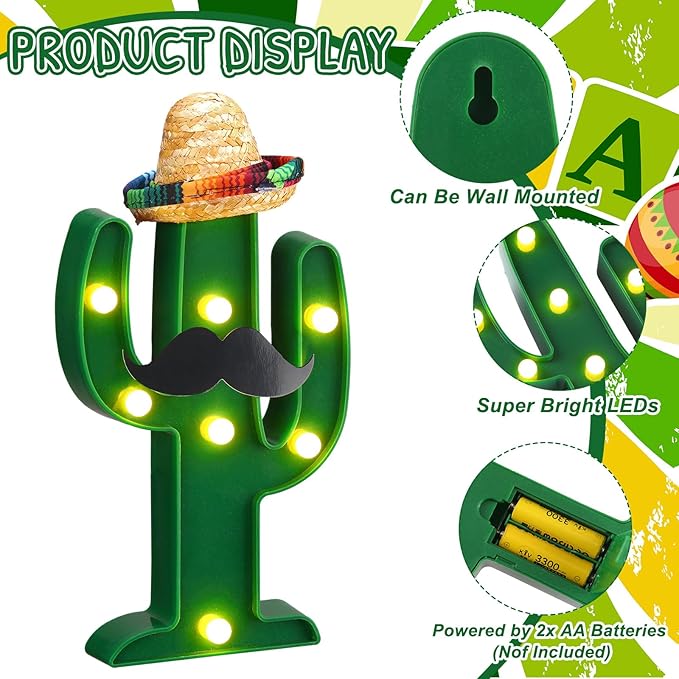 12 Pcs Cinco de Mayo LED Cactus Light with Mini Sombrero Straw Hats and Fake Beard Cinco De Mayo Table Decor Mexican Party Supplies for Table Room Bedroom Party Decoration (4.72 x 2.76 Inch)