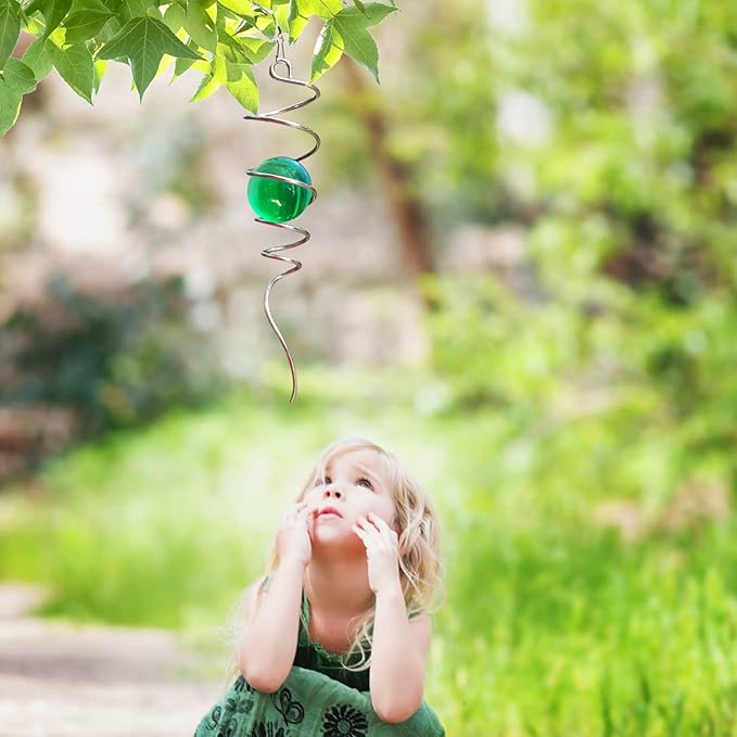 Wind Spinner Tail Gazing Ball Spiral Decorative Wind Spinner Sun Catcher 11inch Tail and 2 inch Glass Orb. Indoor Outdoor Garden Decoration Wind Sculptures-13 inch Height (Green)