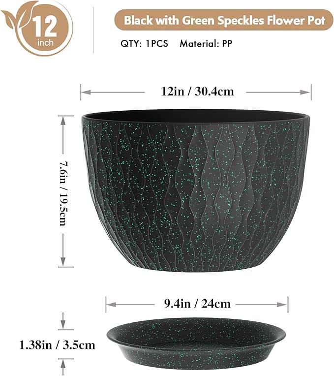 12 Inch Wide Water Ripples Flower Pots for Indoor or Outdoor Plants, Large Plant Pots with Drainage Holes & Saucer, Plastic Planters Set for Garden & Home Decor (Black with Green Speckles)