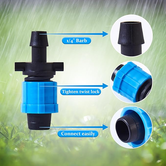 50pcs 5/8" Drip Tape Connectors with 1/4" Barb for Drip Irrigation Hose Mainline 6mm Drill Hole, Drip Irrigation Tube Connectors, Drip Tape Sprinkler RK0617 Starter 1/4" Barb x 5/8" Tape Swivel