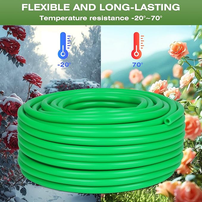Drip Irrigation Hose 100FT 1/4 inch Green Blank Distribution Hose Perfect for DIY Garden Irrigation Tubing System, Hydroponics, Misting Tubing