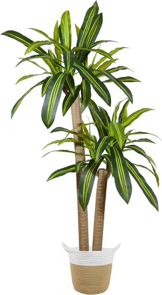 Artificial Dracaena Tree, 5ft Tall Fake Dracaena Plant with Basket, Indoor Outdoor Faux Topiary Yucca Trees for Office Home Living Room Porch Patio Décor
