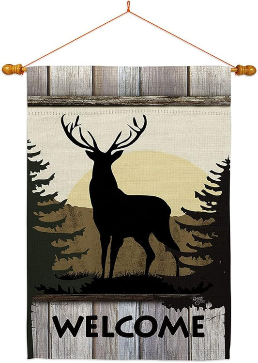 Welcome Deer House Flag Dowel Set Animals Wildlife Outdoor Bear Wolf Pet Nature Farm Animal Creature Small Decorative Gift Yard Banner Made In USA 28 X 40