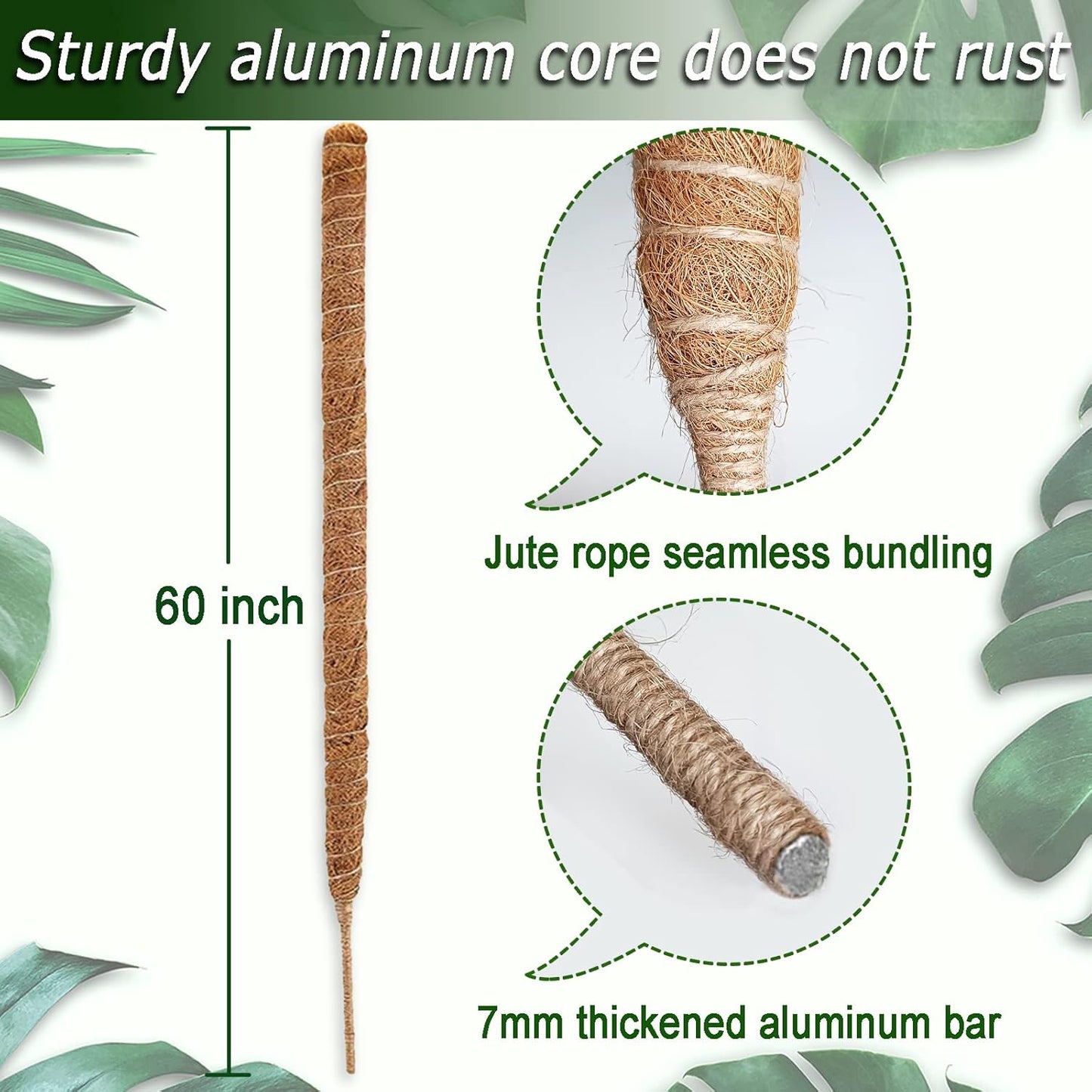 60 Inch Moss Pole for Plants Monstera, Tall Bendable Moss Poles for Climbing Plants Indoor, Large Handmade Plant Pole Sticks, Coco Coir Plant Support Stakes for Potted Plants, Pothos