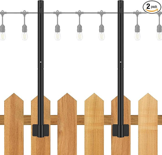 Suchtale 2 Pack 2.8 FT String Light Poles, Suspension Outdoor Fence Post Lights with Clip and Bracket, Outside String Lights Hanging, Wall Mounting Stand for Patio Garden Backyard Wedding Party, Black