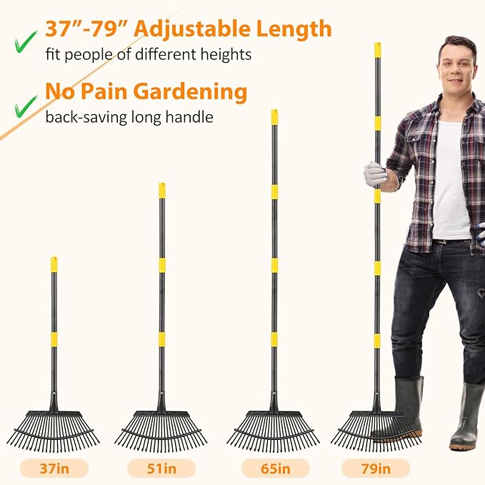 Rake, Garden Rake for Leaves, Heavy Duty Metal Leaf Rake with 37-79 inch Adjustable Long Steel Handle, 25 Tines 18" Wide Yard Rake for Lawns Flower Bed Grass Mulch Shrub Camping Gardening