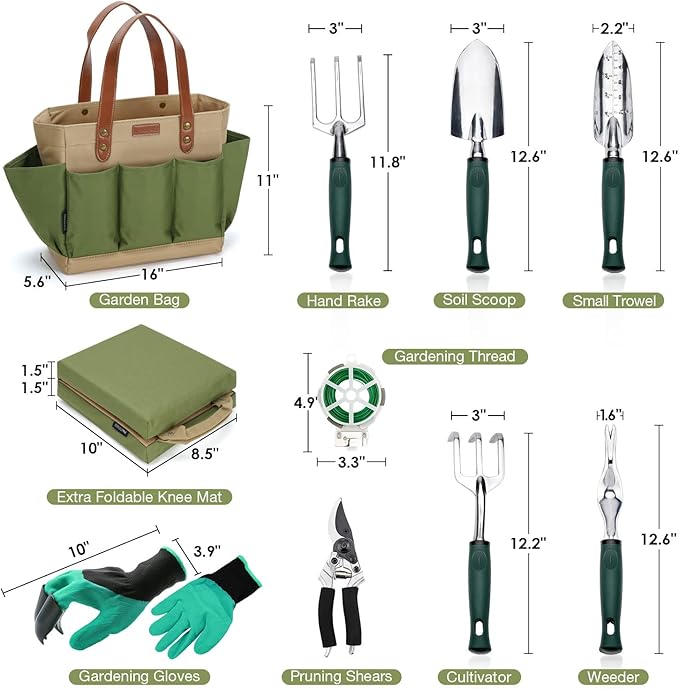 Garden Tool Tote Solid Bag with 11 Piece Hand Tools,Best Gardening Gift Set Organizer with Vegetable Garden Tool Kit,Free Kneeler Pad,Digging Claw Gloves and All Necessary Gardening Accessories