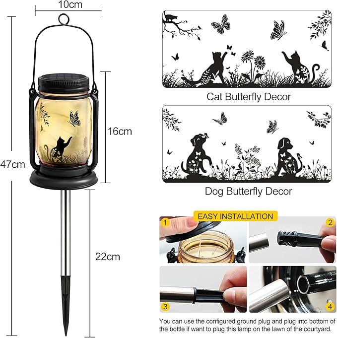 YJFWAL Solar Cat & Butterfly Lanterns Outdoor Waterproof - Cat Lover Unique Birthday Mothers Day Gifts for Women Mom Grandmom , LED Hanging Mason Jar Fairy Lights for Garden Yard Patio Decor