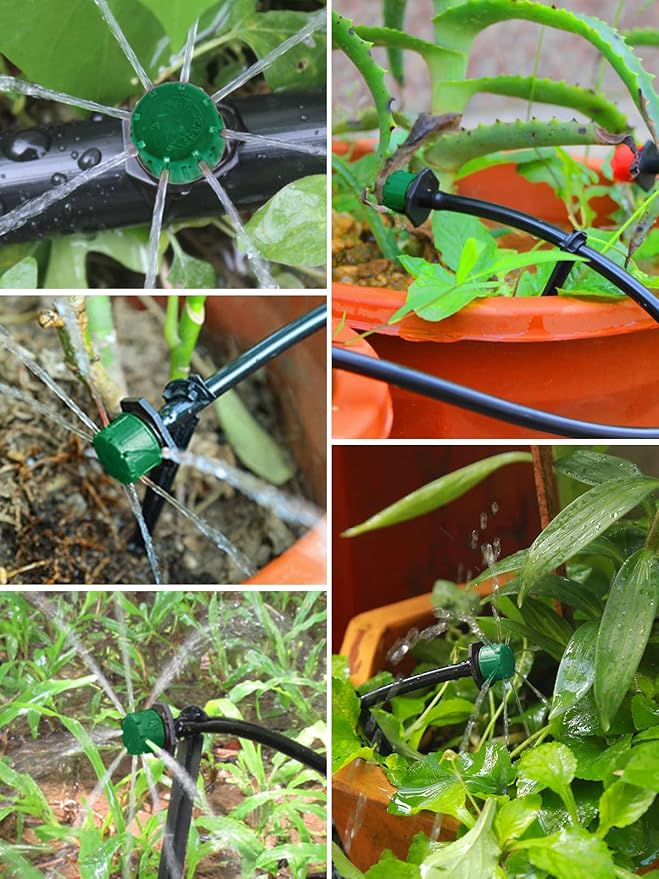 Kalolary 200Pcs Adjustable Irrigation Drippers, 1/4 Inch Barbed Drip Emitter 360 Degree Watering Sprinklers Anti-Clogging Drippers for 4mm/7mm Garden Watering System（Dark Green）