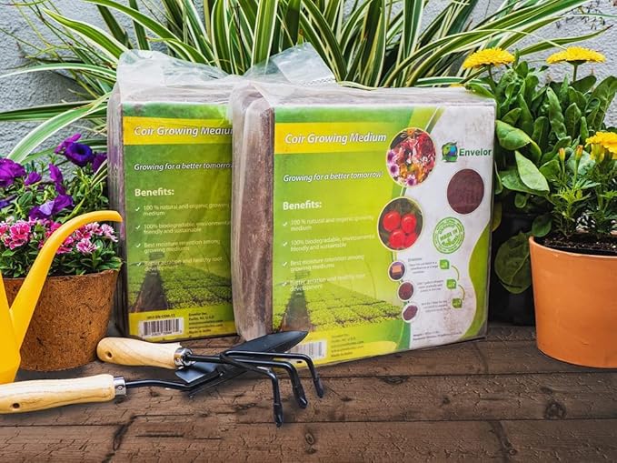 Coco Coir for Plants 2-Pack Envelor 2.6 Cu. Ft. Compressed Coconut Coir Bricks 10 lb. Organic Coconut Coir Bulk Low EC pH Balanced Natural Coco Peat for Indoor and Outdoor Gardening Potting Soil