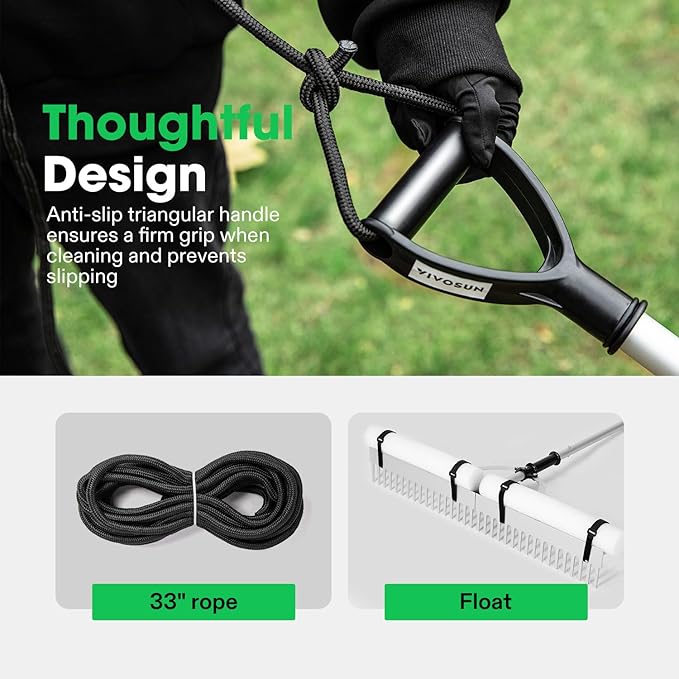 VIVOSUN 36" Landscape Rake, Aluminum Floating Rake with 8.5 FT Long Handle, Long Rope, All-Purpose Metal Floating Lake Rake, Multifunctional Foldable Weed Rake for Loosening Soil, Lawn Care and Lake