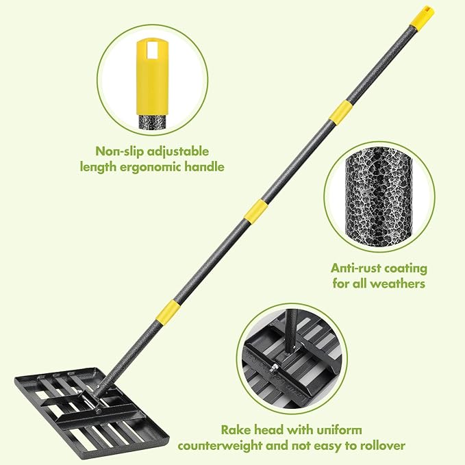 Lawn Leveling Rake,17"x10" Lawn Leveler Tool for Lawns with 5FT Ergonomic Handle,Heavy Duty Leveling Rakes for Lawns,Yard Garden Golf Course, Ease Level Soil Sand Dirt Surfaces…