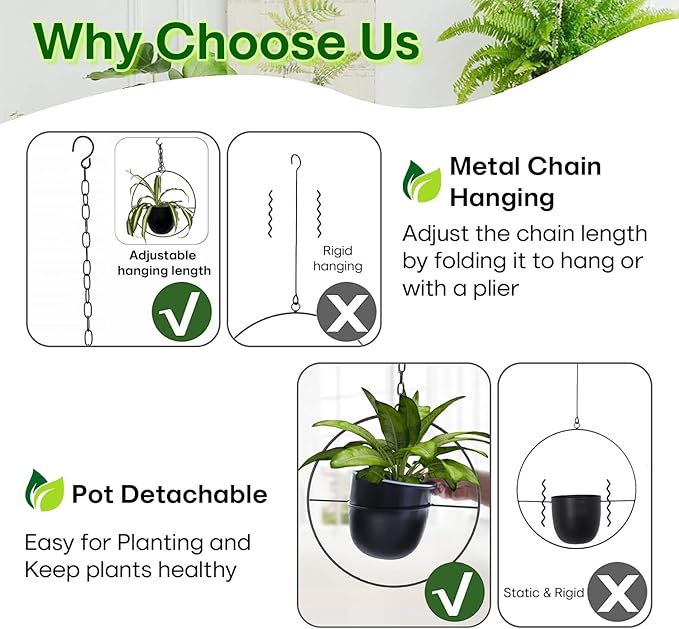 2 Pack Hanging Planters for Indoor Plants with 5.5" Pot + Ceiling Hook + Extender Chain | Hanging Plant Holder, Metal Minimalist Planter, NO Plant incld