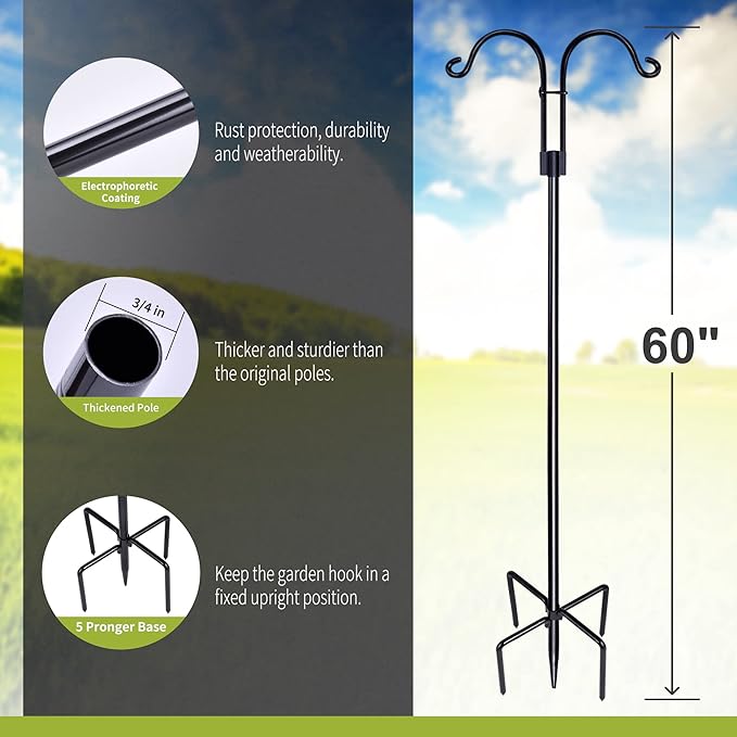 XDW-GIFTS Double Shepherds Hooks for Outdoor, 2-Pack Heavy Duty Garden Pole for Hanging Bird Feeder, Plant Baskets, Solar Light Lanterns, Garden Plant Hanger Stands with 5 Base Prongs
