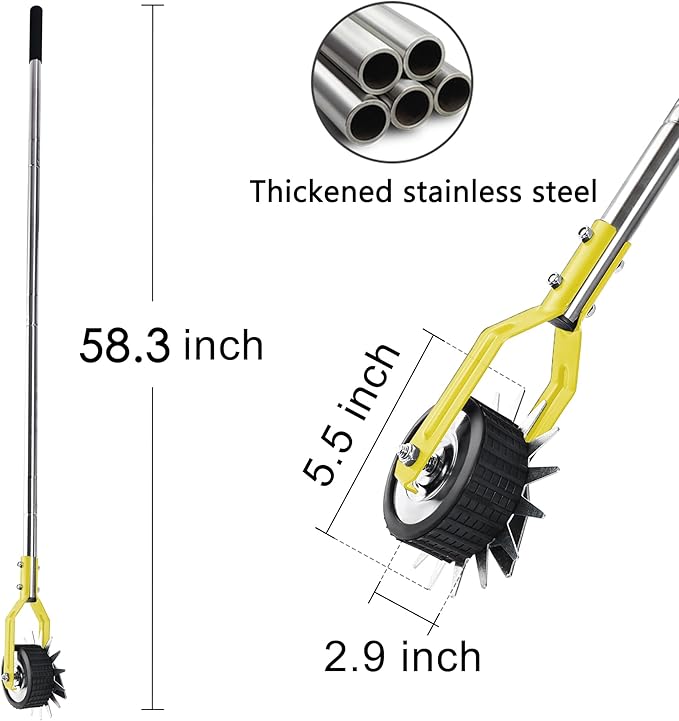 Wheel Rotary Edger, Rotary Shear, Sidewalk Manual Lawn Edger, Strong 3 Sections Stainless Steel Handle with Cushion Grip, 58.3-Inch