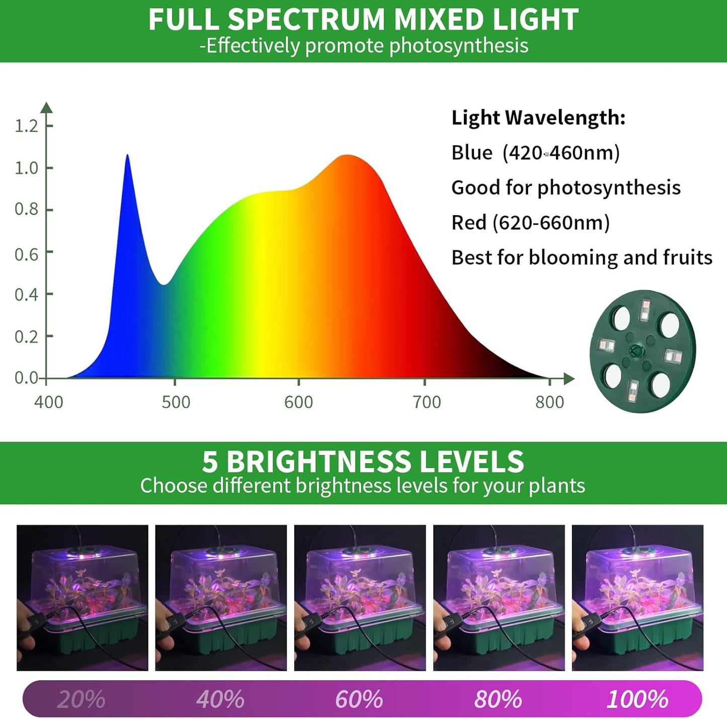 Seed Starter Tray with Plant Light, 2 Pack Grow Lights for Seed Starting Kit with Humidity Domes, Timing Controller Adjustable Brightness for Greenhouse Propagator Station Planting Growing