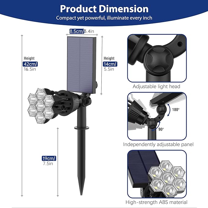 Solar Lights Outdoor Waterproof IP68, 360° Adjustable 4 Modes Solar Powered Spot Lights for Yard Garden Landscape, Bright Led Flood Lightings for Outside Wall Tree House Pathway (Cold White/2 Pack)