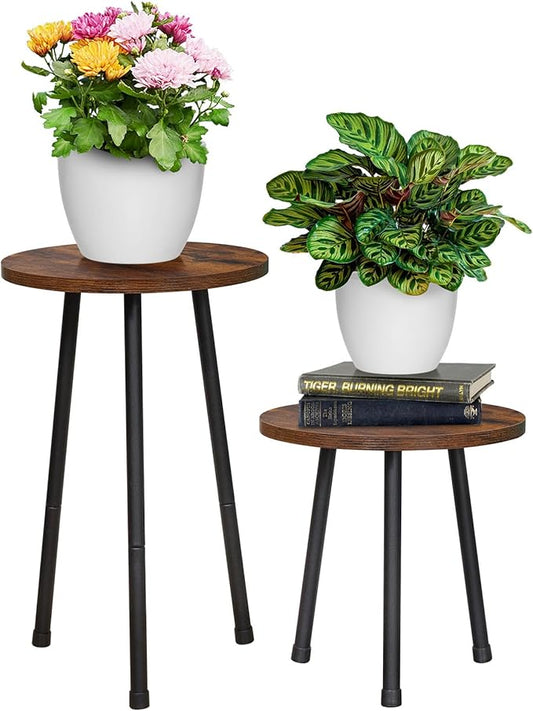 2 Pack Indoor Plant Stand, Mid-Century Wooden Style Plant Holder, Indoor Outdoor Flower Stand,Small Round Table, Two Different Sizes(Black)