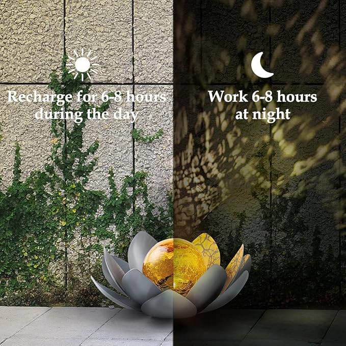 Huaxu Solar Lights Outdoor Garden Decor , Amber Crackle Globe Glass Lotus Decoration,Waterproof Gray Metal Flower Light for Patio,Lawn,Walkway,Tabletop,Ground