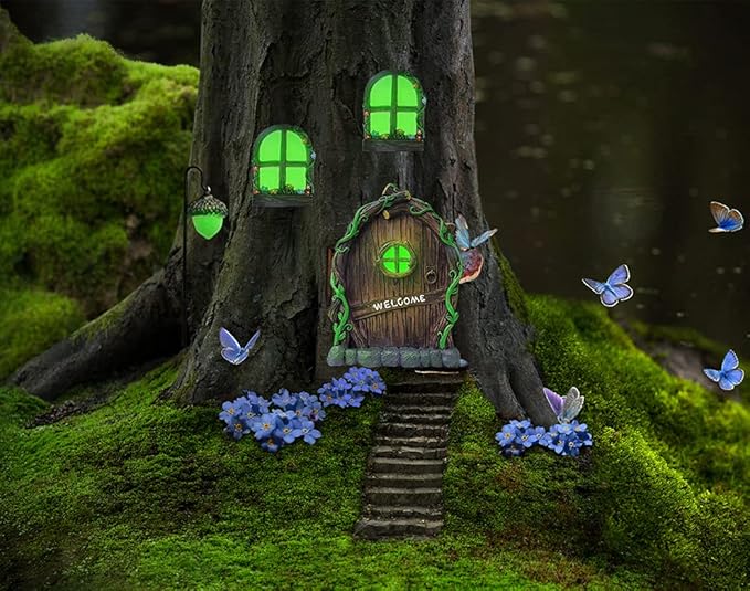 Resin Miniature Fairy Gnome Home Windows and Welcome Door with Fairy Lantern,Glow in Dark Art Sculpture for Trees Outdoor Indoor Garden Yard Wall Decorations