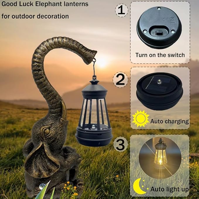10.6 Inch Statue Elephant with Solar Outdoor Lights for Garden Decor，Lucky Present with Appeal For Birthdays(Man and Women and family)， Unique Housewarming Presents and Yard Decoration. (black)