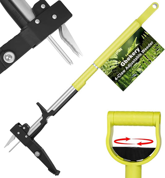 4-Claw Weed Puller Tool All-in-one with Long Handle Adjustable 39" to 47",Stand Up Weed Puller Tool for Yard, Gardening Weeding Tool Stainless Steel Claws, (No Assembly)