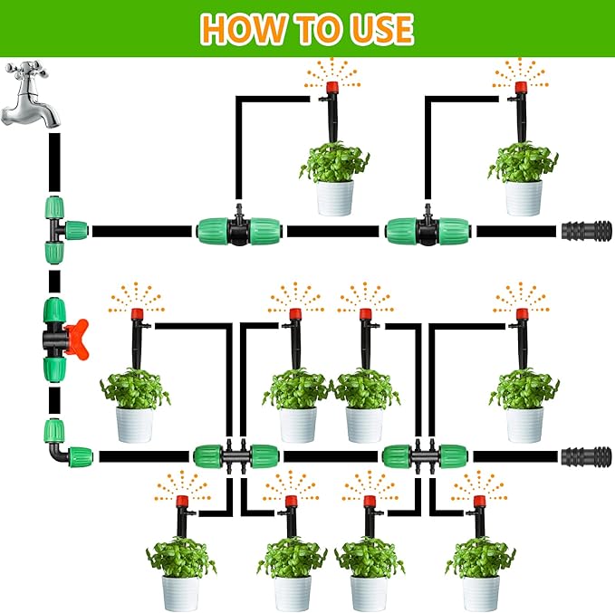 Drip Irrigation Fittings for 1/2" Tubing((0.60"-0.63" OD) to 1/4" Irrigation Tubing, 12 Pieces Barbed Tee Drip Fittings Twist Locked 6 Way Connectors for Drip Irrigation Hose (13mm ID / 4mm ID)