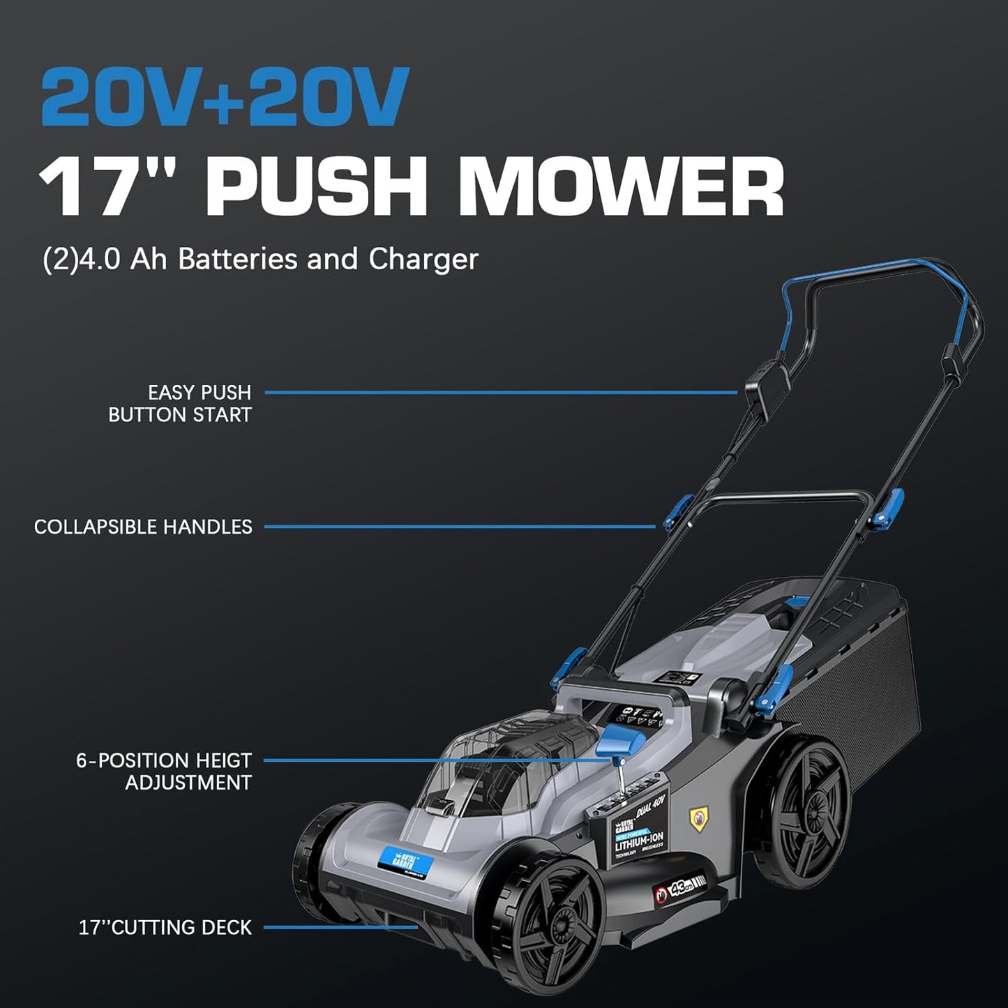 ROYAL GARDEN Electric 40V 17 Inch Cordless Lawn Mower Walk Behind Brushless Push Mower 6-Height Adjust Portable & Lightweight 2 x 20V Batteries and Charger Lawn Mowers Suitable for Garden Small Yards
