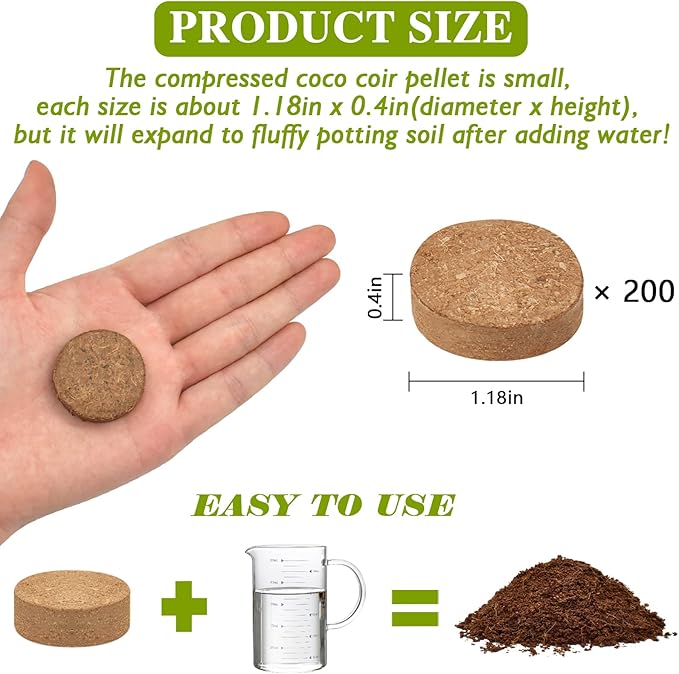 ZeeDix 200Pcs (30mm) Compressed Coco Coir Fiber Potting Soil Seed Starters - Organic Coco Coir Pellet Fiber Soil for Planting Bonsai, Herbs, Flowers and Vegetables