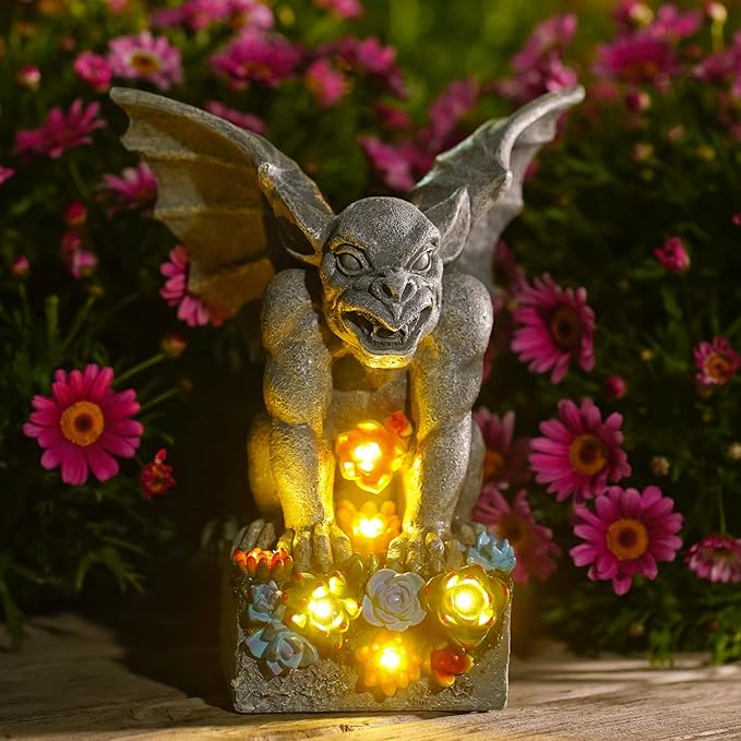 Solar Gothic Gargoyle Garden Statues: Outdoor Sculptures with Succulent Lights Decor for Patio Lawn Yard Art - Gifts for Mom Grandma