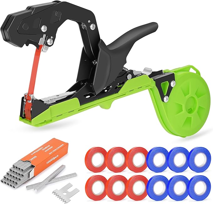 Plant Tying Machine Upgraded, Gardening Tape Tool Tapener Gun Lightweight with 12 Rolls of Tape, 1 Boxes Staples for Garden Vegetables, Grape, Tomato, Cucumber, Pepper & Flower Planting (Green)