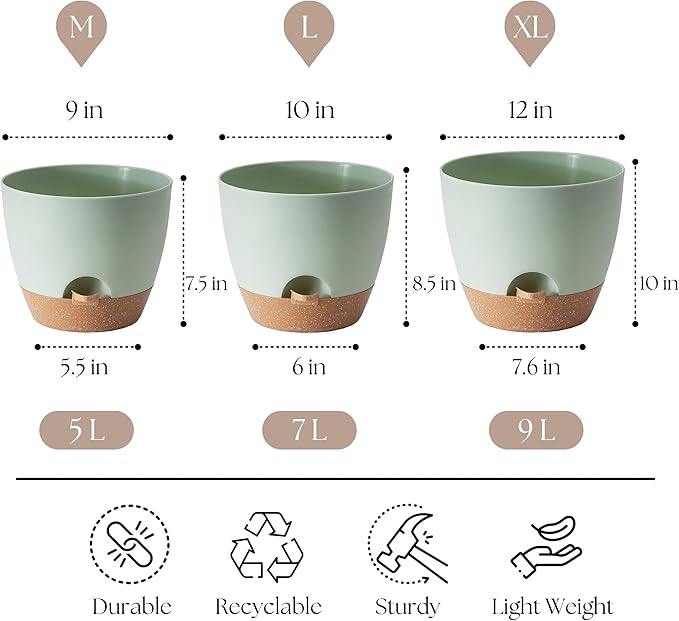 Plant Pots 12/10/9 inch Set of 3, Self Watering Flower Pots Indoor Outdoor, Planters with Drainage Hole Saucer Reservoir, Green