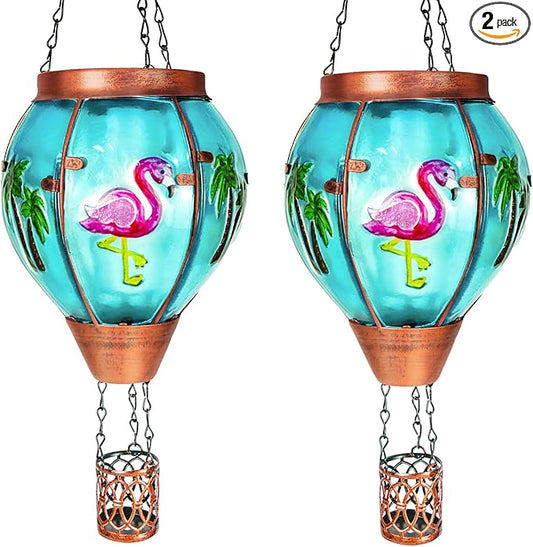 2 Pack Solar Hot Air Balloon Lantern With Flame, Flamingo Glass Solar Outdoor Lights for Patio Garden Decor, Gifts for Women Grandma Mom