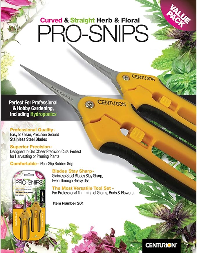 Centurion 201 Hand Pruner Shears, 2-Piece Set, 6½" Straight & Upward Curved Stainless Steel Blades, Hardened & Precision Ground, Ideal for Indoor and Outdoor Gardening, Trimming, and Precision Cutting