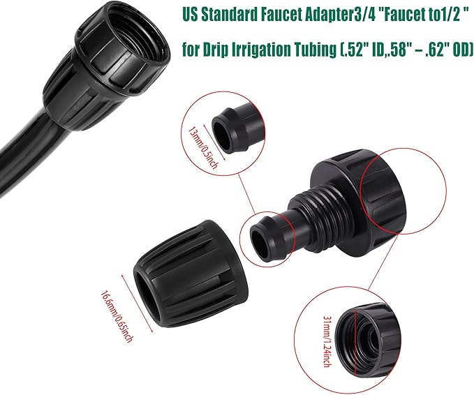 2 Way Y Water Splitter Connector for 3/4" Inch Garden Hose Spigot Faucet，with US Standard 3/4" Female GHT to 1/2' Hose Adapter for Drip Irrigation Tubing (.52" ID,.58" –.62" OD)