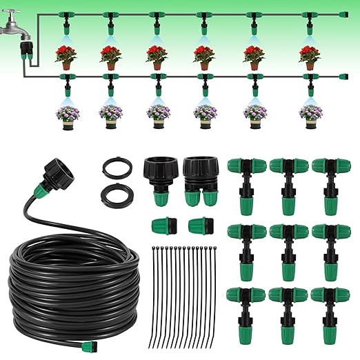 Leak-Proof Drip Irrigation Kit, Automatic Garden Watering System Lock Barbed Drip Irrigation System with 1/4 inch Irrigation Tubing for Greenhouse Raised Garden Bed,Lawn.(Drip Irrigation Kit)