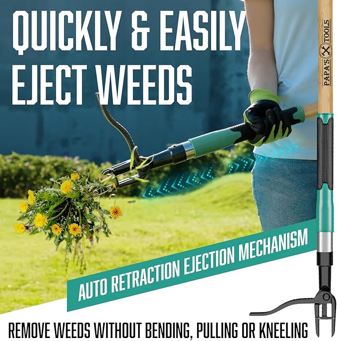 Papa's Tools Weed Puller Tool, 44" Stand Up Weeder Garden Tools & 4 Claw Steel Head, Dual Weed Eject Tech. Made With Real Bamboo & Long Wooden Handle, Yard Weeding Remover For Gardening Men & Women