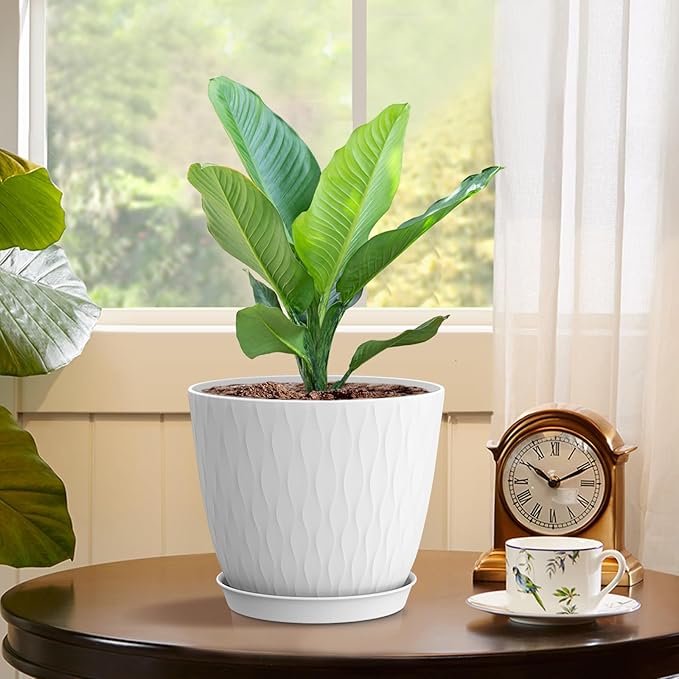 6 inch Flower Pots, 5 Pack Plant Pots with Drainage Holes and Saucers for Indoor Plants, Plastic Planters with Water Ripple for Small Garden House Plants, Nursery Pots for Succulent, White