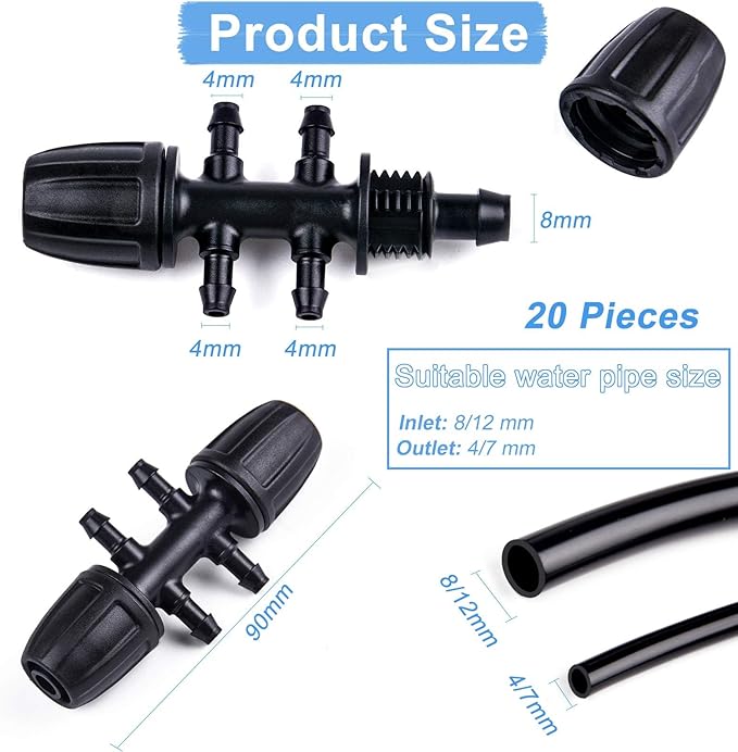 Kalolary Barbed Tee for 5/16” to 1/4” Irrigation Tube, 20PCS Anti-Drop Drip Irrigation Hose Fittings for 8/12mm 4/7mm PE Pipe Lock Female Connectors for Micro Spray Parts 6-Way Adapter Watering System