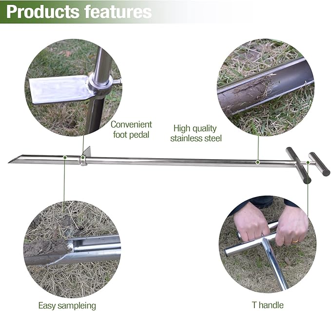 40 Inches Professional Stainless Steel Soil Sampler Probe with Ejector Foot Pedal Reusable Sample Bag, Soil Test Kits for Lawn Garden Farm Soil Sampling