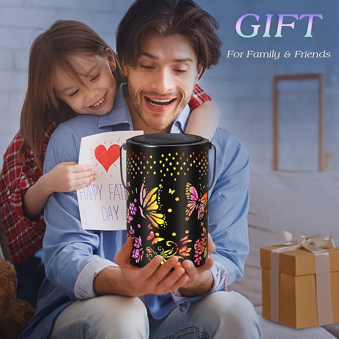 Solar Lantern Butterfly Outdoor Waterproof,Two Lighting Modes Garden Decor Christmas Gifts for Women Mom Grandma Hanging Solar Lights Metal Decor for Outside,Backyard,Patio