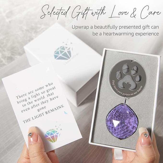 Dog Memorial Gifts, Unique Loss of Pet Sympathy Idea, Purple Crystal Ball Rainbow Suncatcher with Paw Print for Cat or Dog Remembrance and Bereavement
