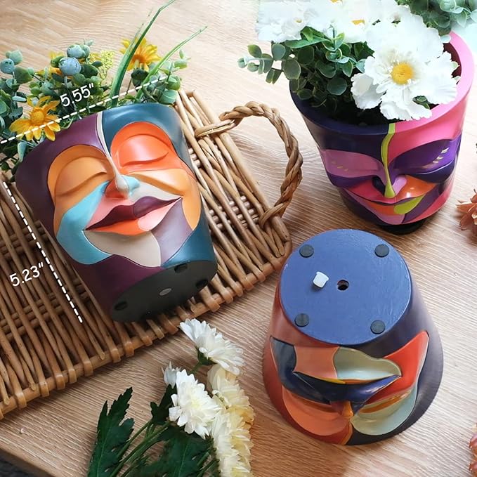 GUGUGO Abstract Rainbow Head Planter, Unique Face Plant Pot with Drainage, Cute Eclectic Flower Planters Pots for Indoor & Outdoor Plants, Colorful Funny Room Decor (Coral Red & Indigo,5.5Inch)