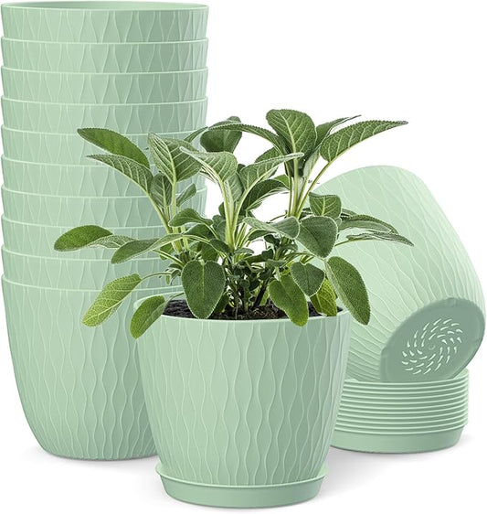 6 inch Plant pots, 12 Pack Modern Plastic Planters with Drainage Holes and Saucers for Repotting Indoor Plants and Flowers, Green