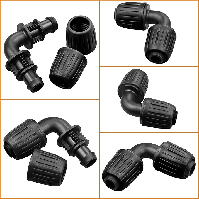 Drip Irrigation Fittings for 1/2 inch Tubing (0.60"-0.63" OD), 12 Pieces Barbed Elbow Drip Parts Locked Elbow Connectors, Drip Line Nuts Connectors for 1/2" Drip Irrigation Hose(Black)