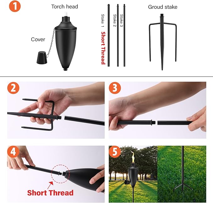 6 Pack Garden Torches for Outside， 22 oz Metal Citronella Torch with 3-Prong Grounded Stake, Perfect for Patio, Lawn, and Backyard Décor