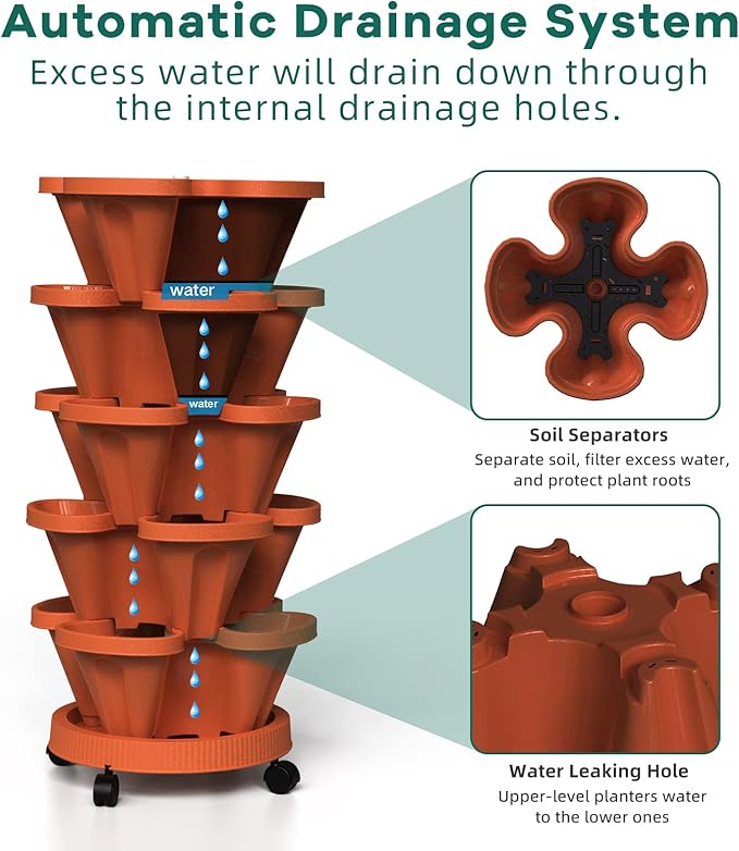 Strawberry Vertical Planters 2 Pack, 5 Tiered Stacking Tower Garden with Support Pole, Stackable Herb Vegetable Planters Indoor Outdoor Terra Cotta